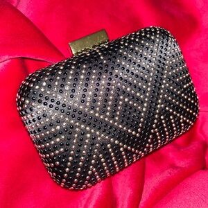 Kate Landry Black Clutch with Gold Stud accents and Satin fabric back